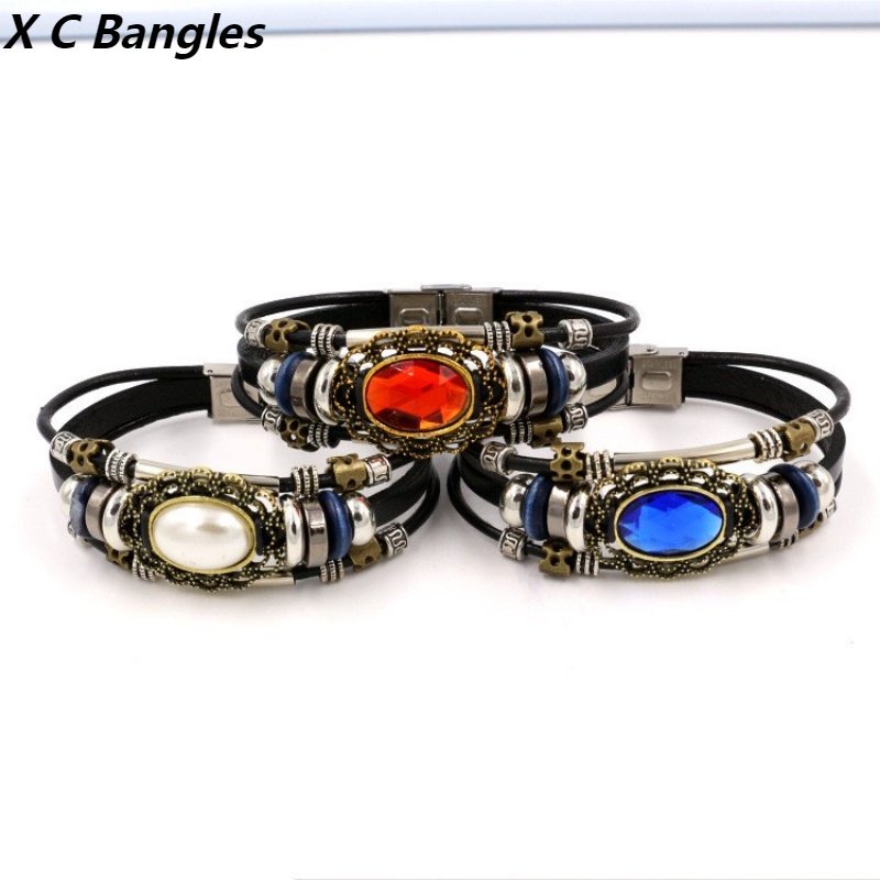 [X C Gelang] Baru Gaya Etnik Stainless Steel Gesper Gelang Kulit Hitam Vintage Hip Hop Punk Manset Manik-Manik Multi Layer Zinc Alloy Anyaman Gelang