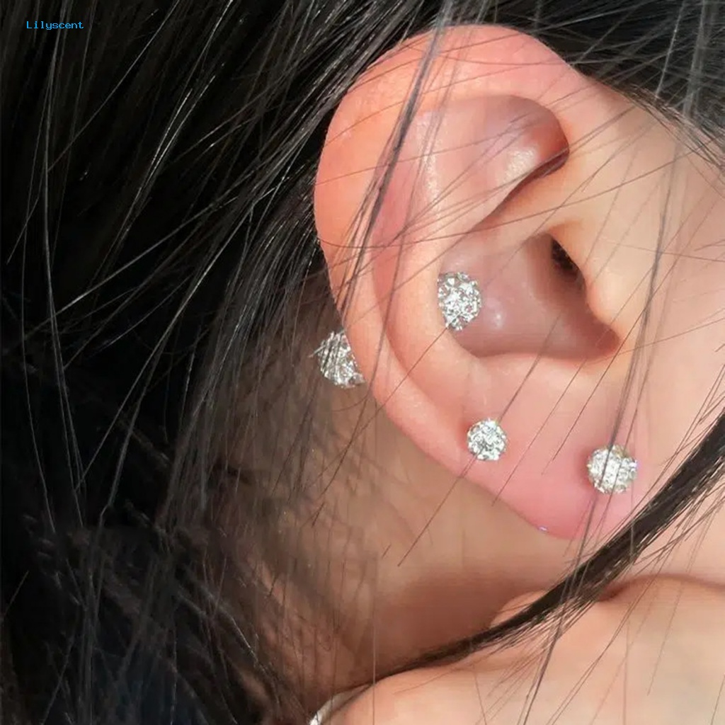 Lilyscent 1pasang Anting Mini Perempuan Perhiasan Aksesoris Sparkling Cubic Zirconia Stud Earrings Mewah