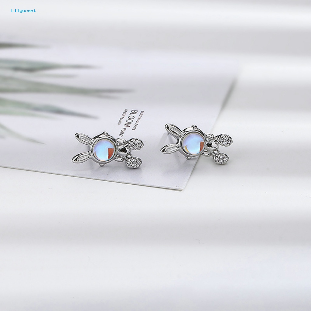 Lilyscent 1pasang Giwang Telinga Tembaga Perhiasan Aksesoris Berlian Imitasi Hias Kelinci Bunny Ear Studs Warna Silver