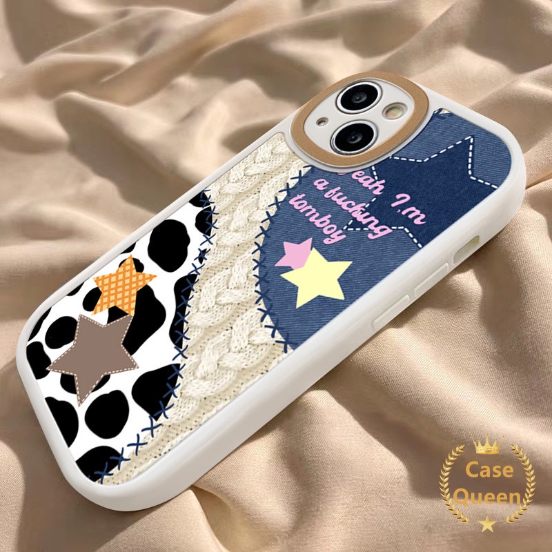 IPHONE Patch Leopard Print Soft Tpu Couple Denim Phone Case Kompatibel Untuk Iphone11 14 13 12 Pro Max 6 7 6s 8 Plus XR XS X Max SE 2020 Kartun Lucu Koboi Bintang Penutup Belakang