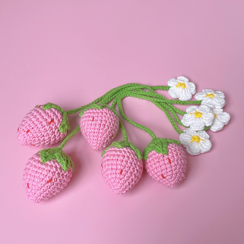 Hiasan Interior Mobil Crochet Homemade Mini Pink/Red Strawberry Pendant Hiasan Mobil Lucu