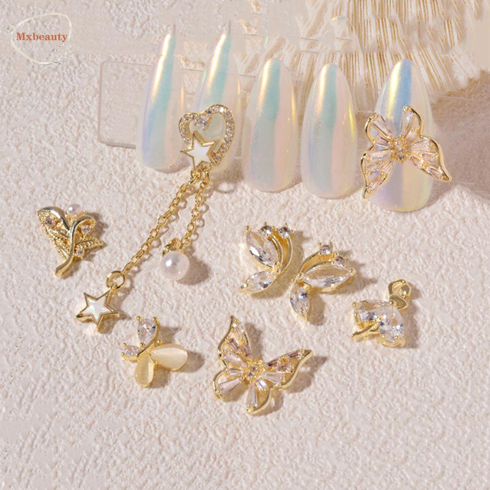Mxbeauty Ornamen Rantai Kupu-Kupu Mutiara Berlian Imitasi 3d Bahan Metal Gaya Jepang Untuk Dekorasi Nail Art