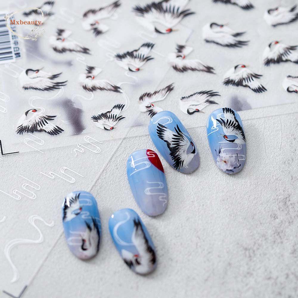 Mxbeauty Stiker Kuku Cina Wanita Perekat Diri Karakter Cina Kaligrafi Kipas Tinta Gaya Antik Nail Art Dekorasi