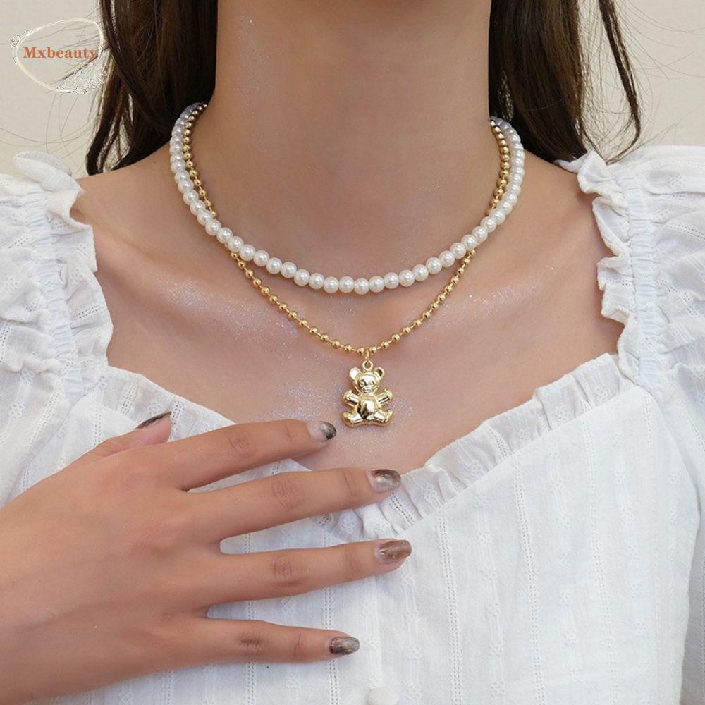 Mxbeauty Kalung Beruang Mutiara Berlapis Ganda Temperamen Vintage Perhiasan Perempuan Desain Rasa Hadiah Untuk Her Korean Style Necklace