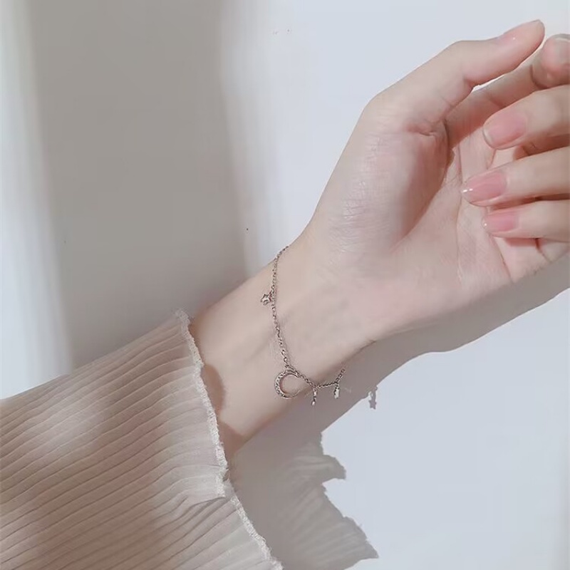 Kami Bunga Ins Trendi s925 Perak Zirkon Bintang Bulan Gelang Untuk Wanita Perempuan Korea Elegan Rumbai Langit Berbintang Gelang Musim Panas Pergelangan Tangan Rantai Perhiasan