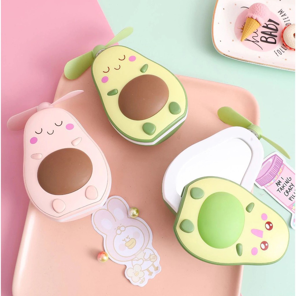 BOP MINI FAN PORTABLE KIPAS GENGGAM 3 IN 1 CERMIN + LED + FAN MOTIF CUTE BEAR BRICK ALPUKAT LIPAT KUALITAS BAGUS