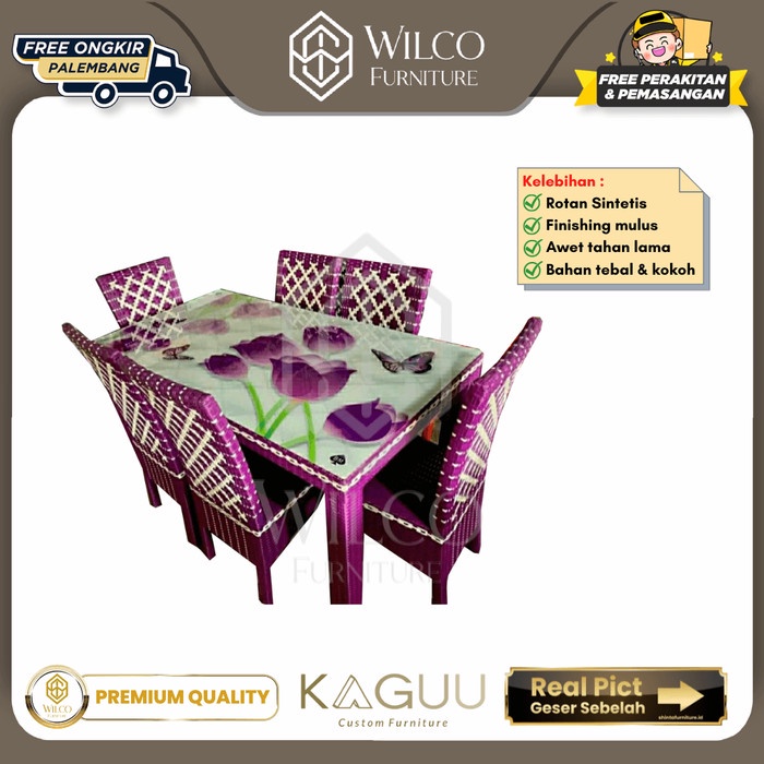 Meja Makan Rotan Sintetis 6 Kursi Ungu Furniture Palembang Free Kaca
