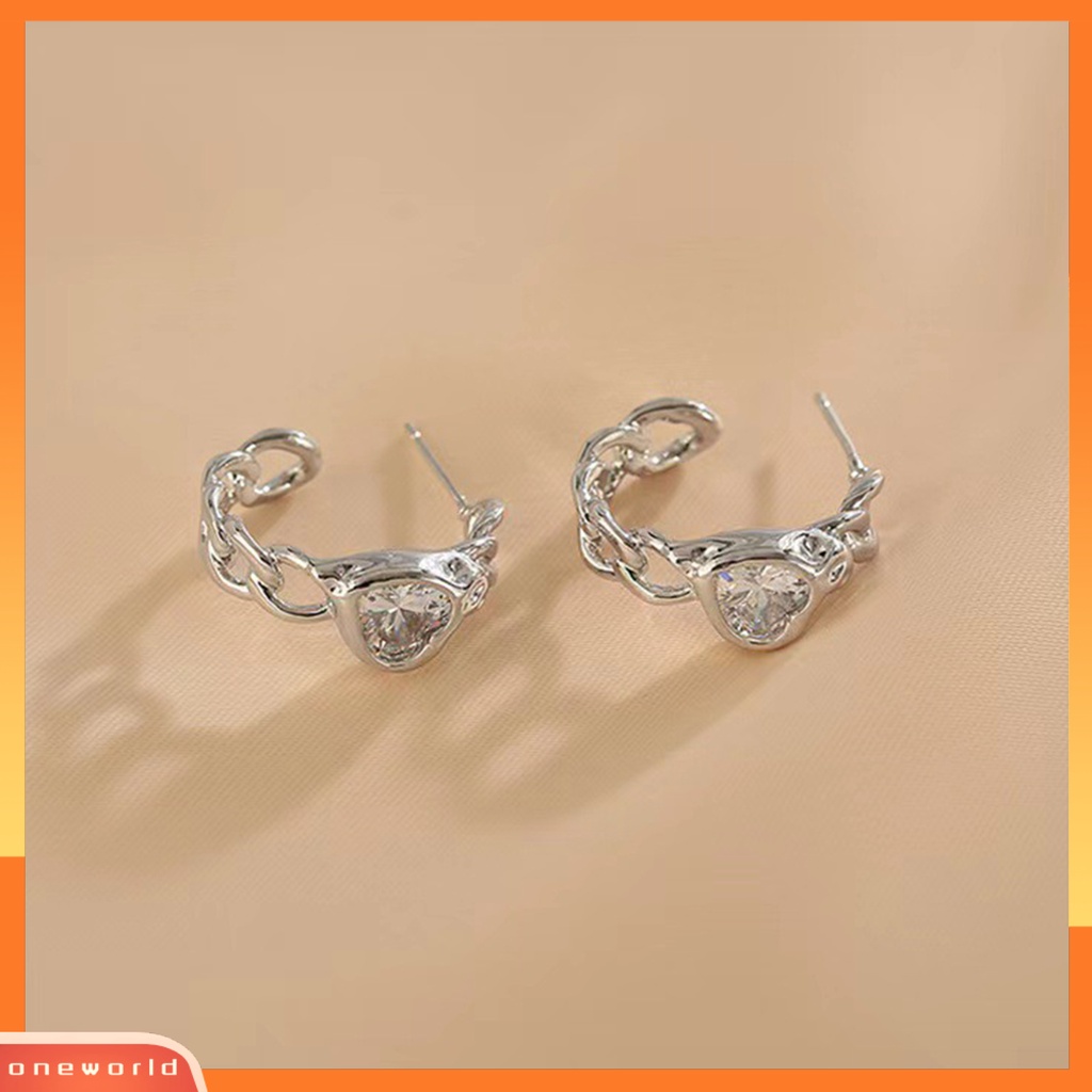 [EONE] 1pasang Arch Hollow Rantai Piercing Wanita Anting Hias Bentuk Hati Cubic Zirconia Ear Studs Pesta Perhiasan