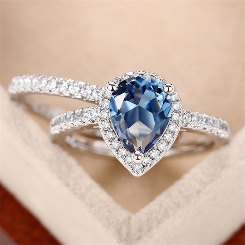 2pcs/set Pear Blue Cubic Zirconia Wanita Cincin Kawin Warna Perak Mewah Aksesoris Pesta Pertunangan Fashion Jewelry