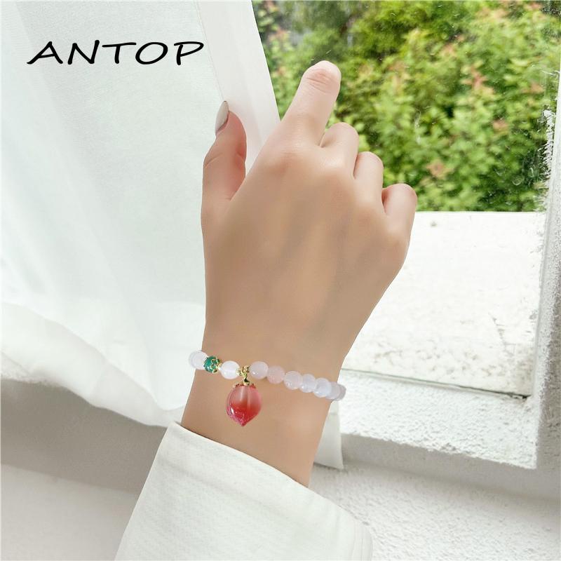 [antop] Gaya Vintage Giok Putih Hijau Manik Peach Gelang Perempuan Manis Pacar Bracelet