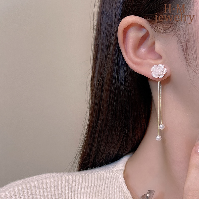 Anting Rumbai Mutiara Panjang Bunga Camelia Simple2023New