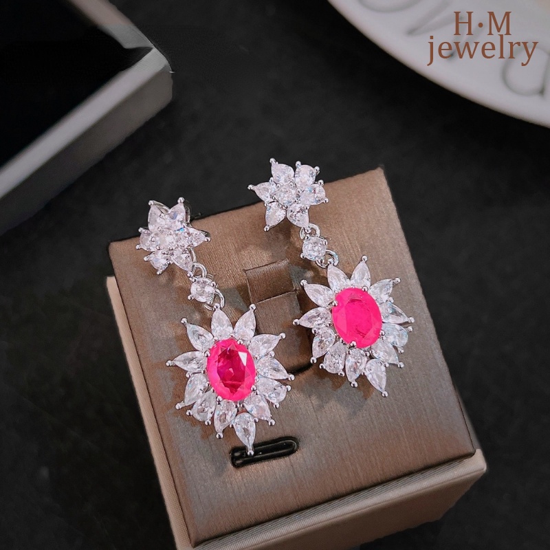 S925 Perak Fashion Ruby Earrings Ins Gaya Berlian Merah Anting Panjang