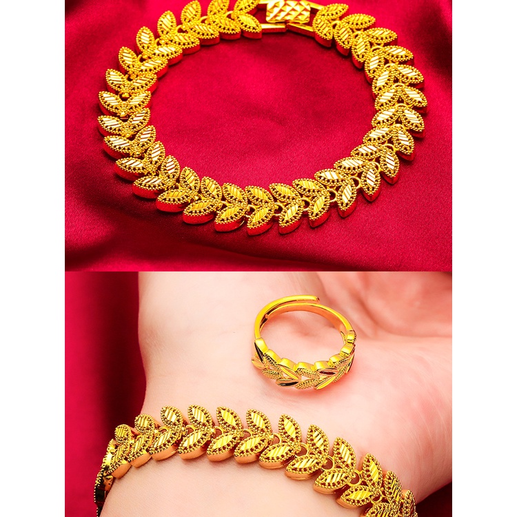 Goldkingdom Perhiasan Fashion 24K Bangkok Aksesoris Ready Stock Wanita Baru Set Gelang Cincin Gandum Telinga Lapis Emas Mewah