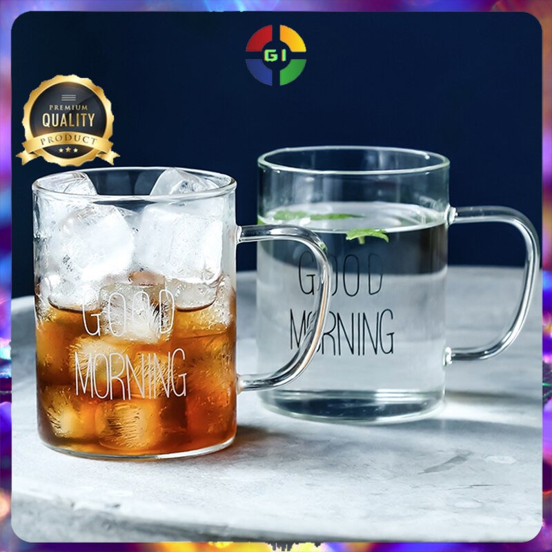 Gelas Glass Coffee Mug Desain Good Morning 400 ml Black
