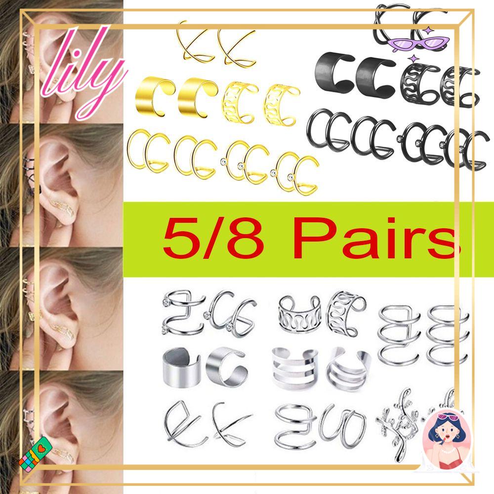 Lily 5per8pasang Anting Fashion Stainless Steel Fake Piercing Ear Cuff