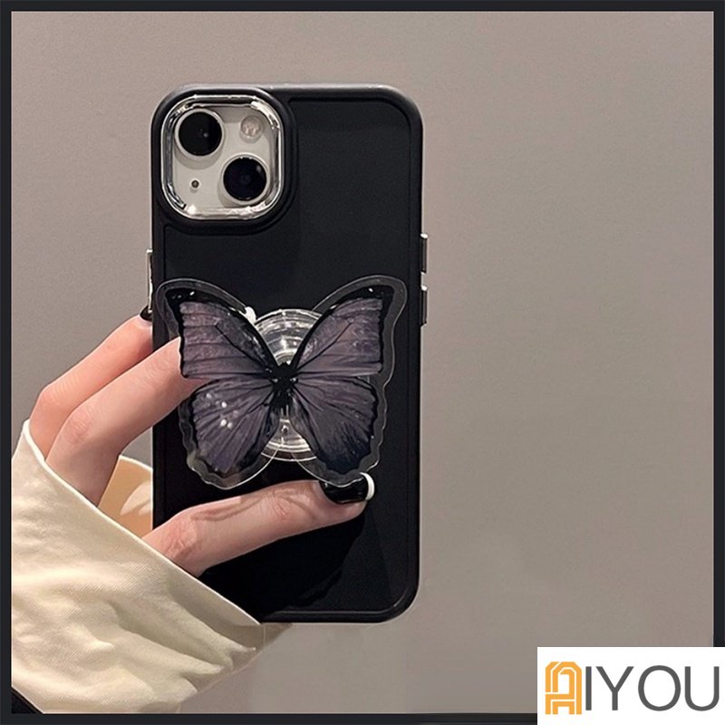 IPHONE Butterfly Hitam Dengan bracket Phone Case Untuk Iphone14 13 12 11 Pro Max Phone Case Animal Untuk Iphone12 13 Phone Case Lembut