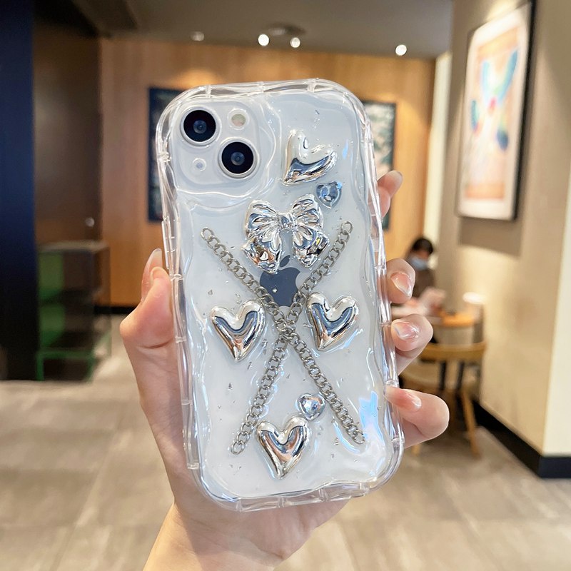 【Resin Case】3D Silver Love Bow Silicone Case for IPhone X XS XR XS Max 11 13 12 14 PRO Max 14 Plus Clear IPhone Case Ice Cream Casing hp iPhone 13 pRO MAX