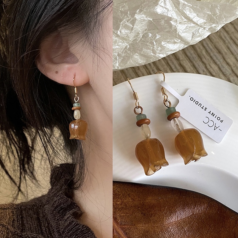 Bunga Amber Retro Gaya Baru Trendy Gaya Mori Anting Antik Panjang Elegan