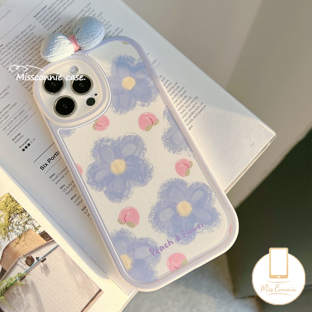 IPHONE Kartun Lucu 3D Ikatan Simpul Menghias Ponsel Case Kompatibel Untuk Iphone11 14 13 12 Pro Max XR X XS Max 7plus7 8 6 6s Plus SE 2020 INS Lukisan Cat Minyak Bunga Biru Musim Panas Peach Soft Case