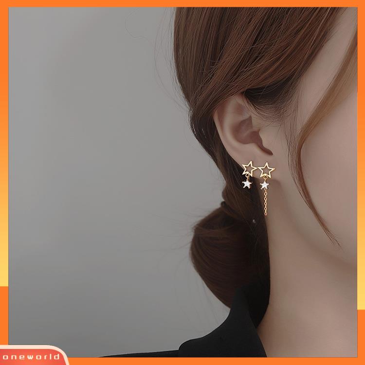 [EONE] 1pasang Ear Studs Hollow Bintang Rantai Rumbai Tidak Teratur Warna Emas/Perak Cubic Zirconia Tertanam Bintang Drop Anting-Anting Perhiasan Fashion