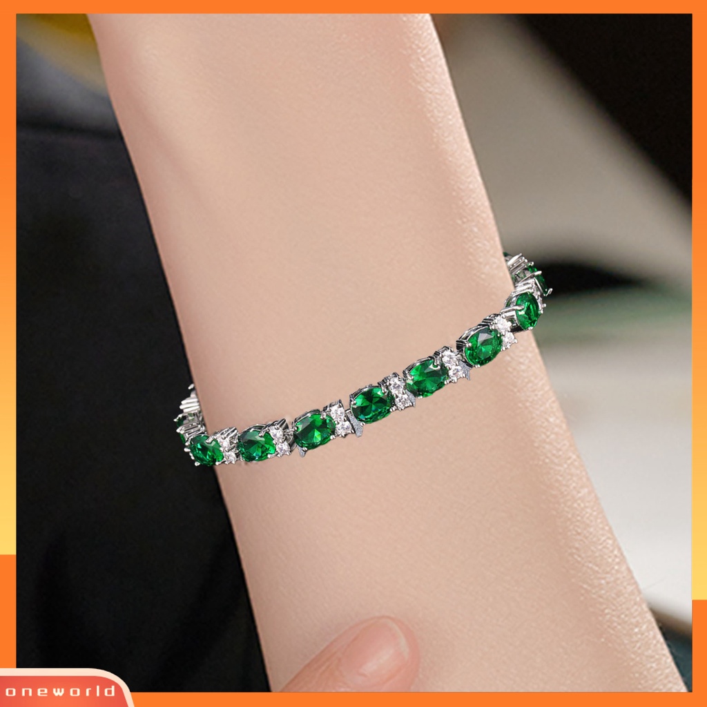 [EONE] Ladies Trendy Gelang Oval Cubic Zirconia Tidak Mudah Patah Dekorasi Pergelangan Tangan Gelang Batu Permata Imitasi Untuk Hadiah