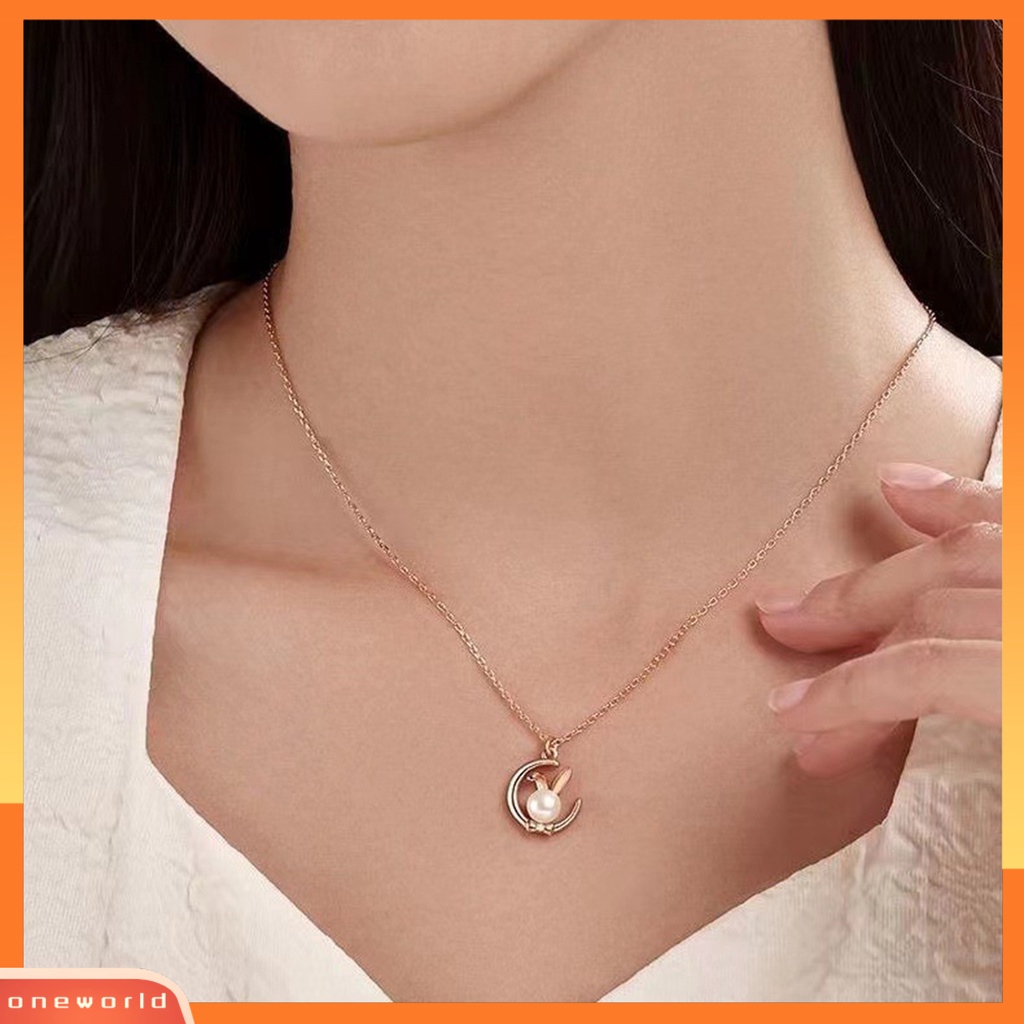 [EONE] Wanita Kalung Elegan Dainty Slim Rantai Tinggi Bersinar Mutiara Imitasi Bulan Kelinci Liontin Kalung Perhiasan Aksesoris