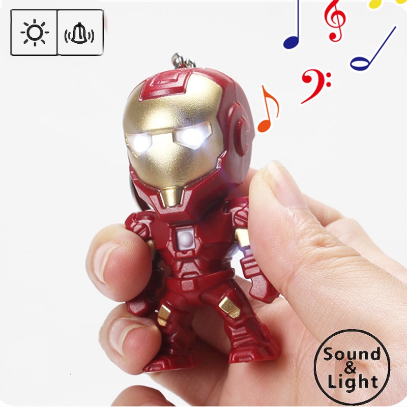 Film Superhero Iron Man LED Gantungan Kunci Lampu Suara Avengers Tony Stark Patung Boneka Dekorasi Gantungan Kunci