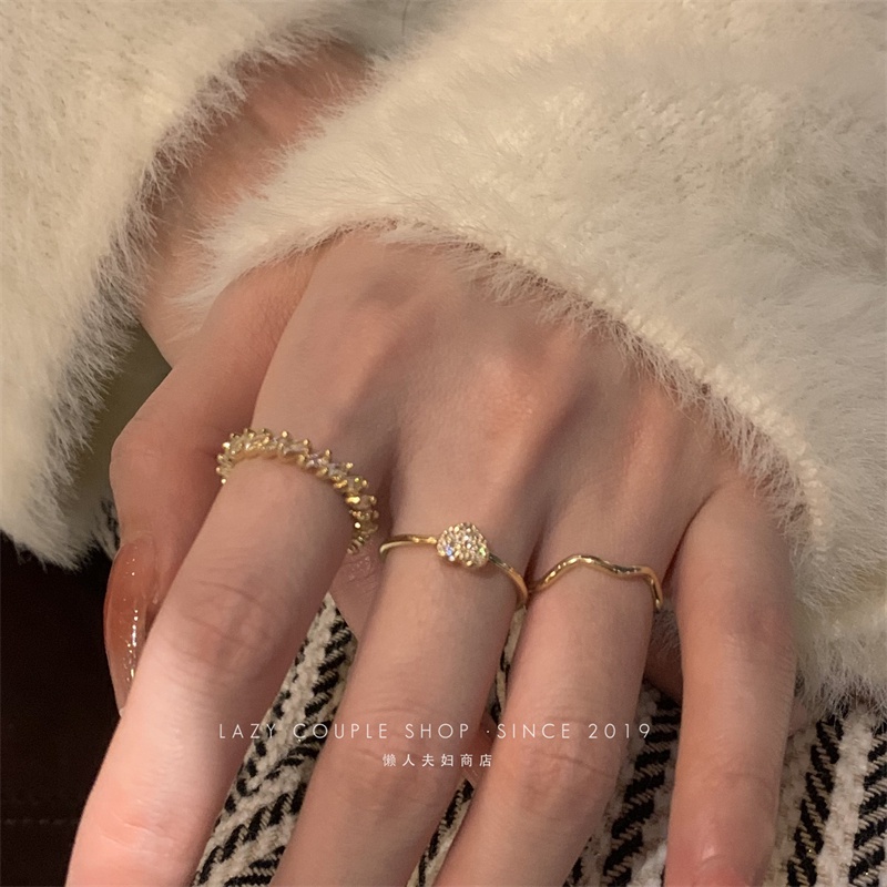 3pcs/set Cincin Zirkon Emas Set Cincin Gelombang Hati Indah Untuk Aksesoris Perhiasan Wanita