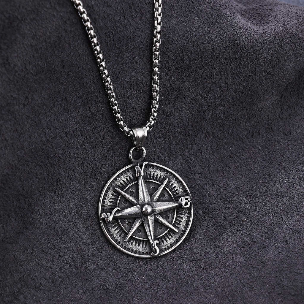 [X C Kalung] Baru Silvery Six Star Compass Pendant Punk Hip Hop Stainless Steel Kalung Hadiah Pesta Ulang Tahun Untuk Pria Dan Wanita