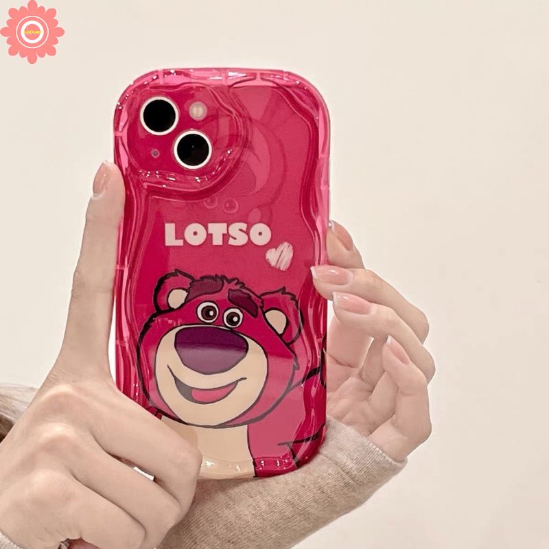 IPHONE Rose Red Kartun Imut Strawberry Bear Manyo Case Kompatibel Untuk Iphone11 12 13 14 Pro Max7 8 6s 6 Plus XR X XS Max SE 2020 3D Wavy Curved Edge Glossy Shockproof Soft Cover