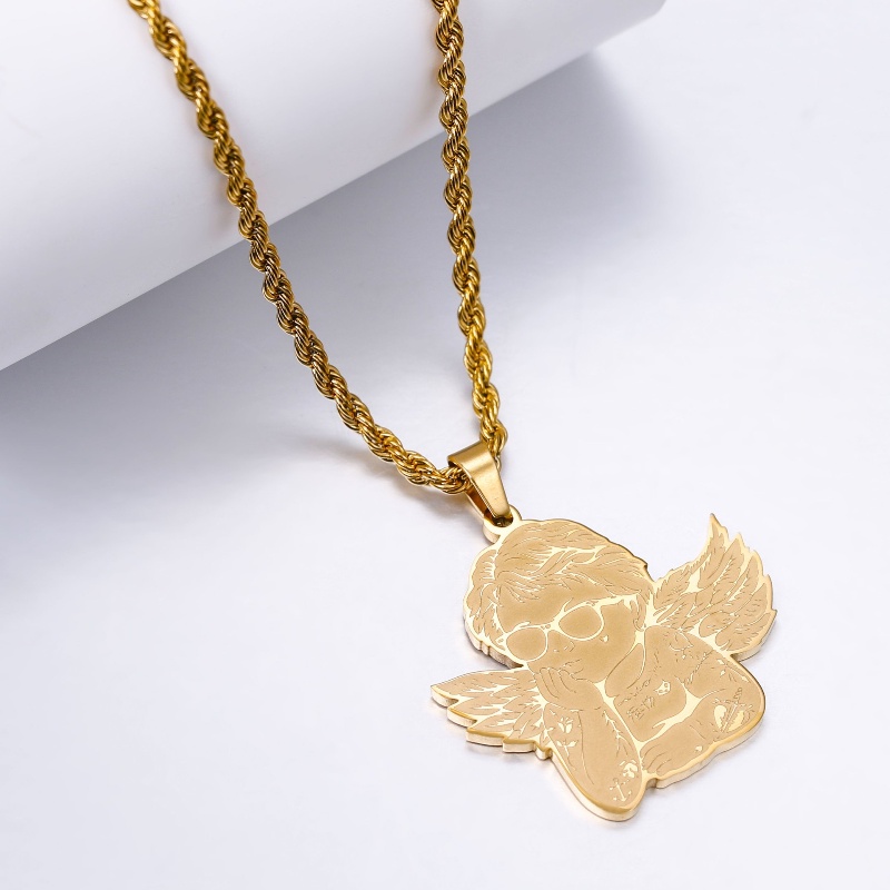 Z H Perhiasan Emas 18K 24K Gold S925 Perak Vintage Punk Guardian Angel Pendant Pria Dan Wanita Fashion Anti Karat Kalung Hip Hop Aksesoris Pesta