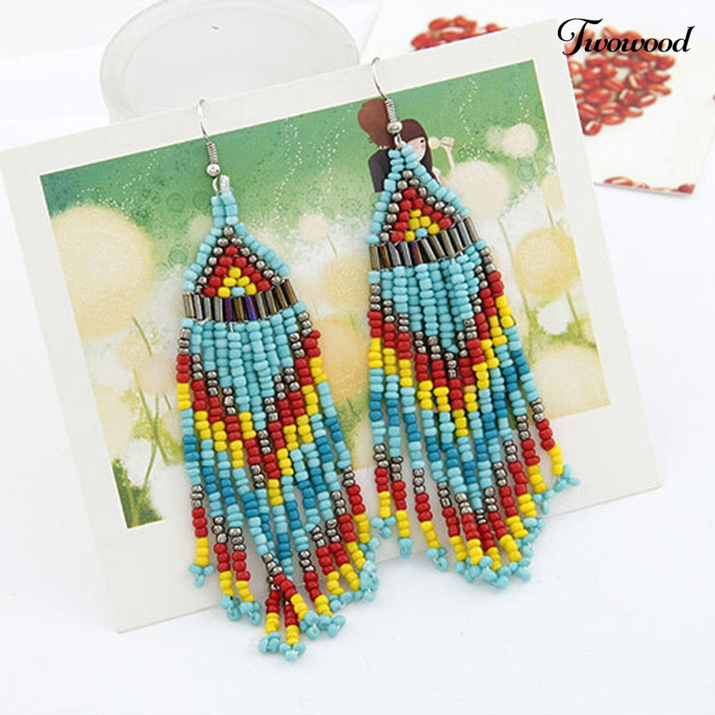 Twowood Wanita Bohemian Panjang Manik-Manik Rumbai Drop Menjuntai Kait Anting Pesta Perhiasan Hadiah