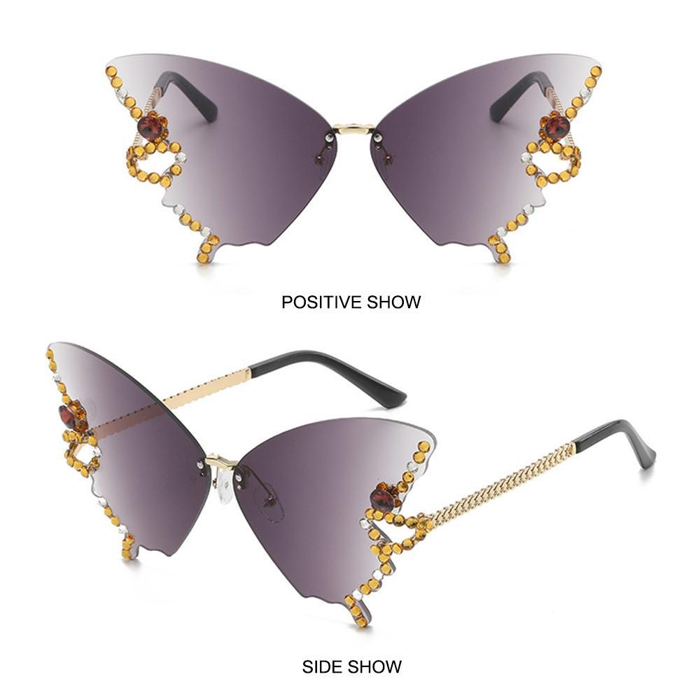 R-flower Diamond Butterfly Sunglasses Ins Populer Tanpa Bingkai Oversized Y2K Eyewear