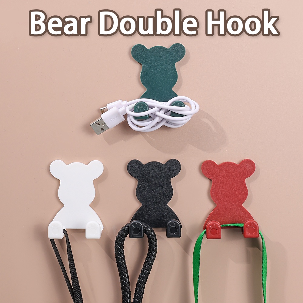 Gantungan Di Belakang Pintu Untuk Penyimpanan Plug Gantung Kekerasan Bentuk Beruang Kait Bebas Pukulan Kait Dua Baris Serbaguna Lucu Kartun Beruang Kunci Razor Power Line Storage Holder Kreatif