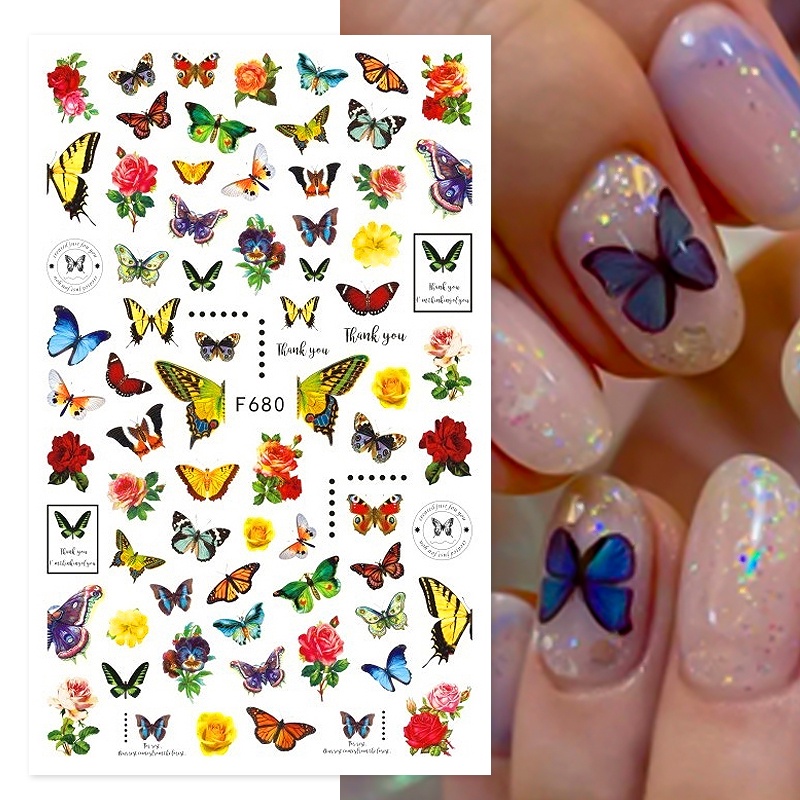 3d Nail Art Stiker Kupu-Kupu Mawar Daun Perekat Diri Stiker Manicure Dekorasi