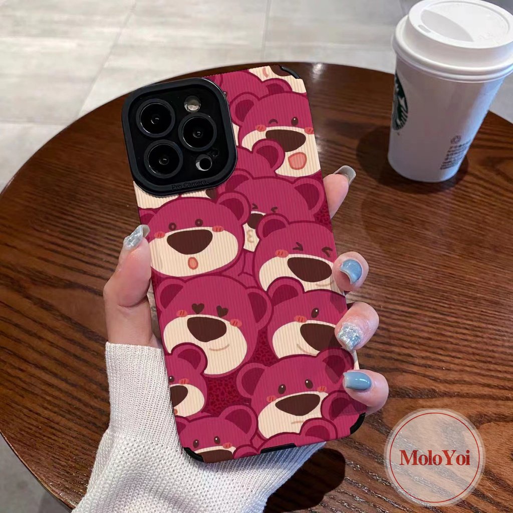 Kartun Lucu Manyo Strawberry Bear Phone Case Kompatibel Untuk iPhone 14 Pro Max11 12 13 7 8 Plus X XR XS MAX 7Plus Tekstur Kulit Mewah Silicon Lembut Lovely Shockproof Cover