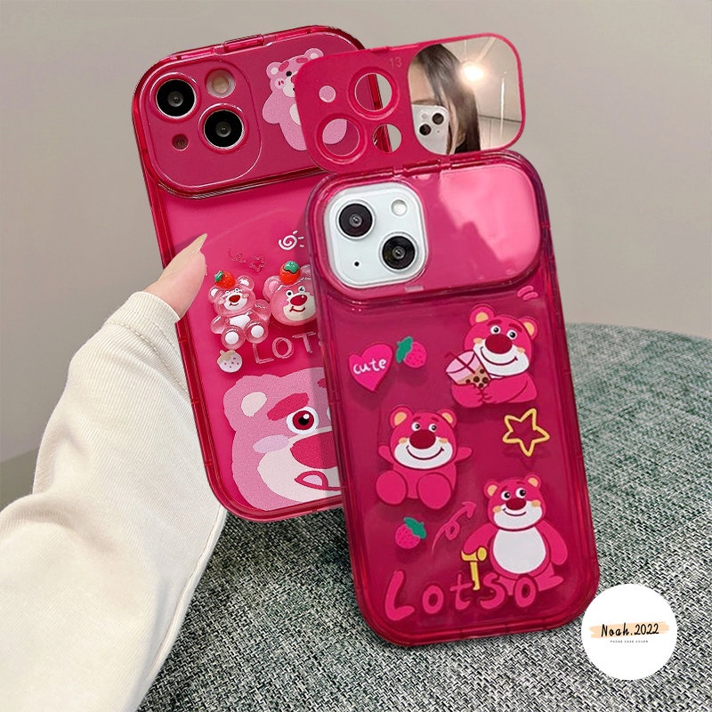 Case Untuk OPPO A15 A57 A5s A3s A7 A9 A5 A31 A33 2020 A12 A53 A15s A12E A77 A77s A11K A11 A35 Lembut Kartun Strawberry Beruang Lucu 3D Boneka Manyo Kreatif Flip Make Up Cermin Penutup Belakang