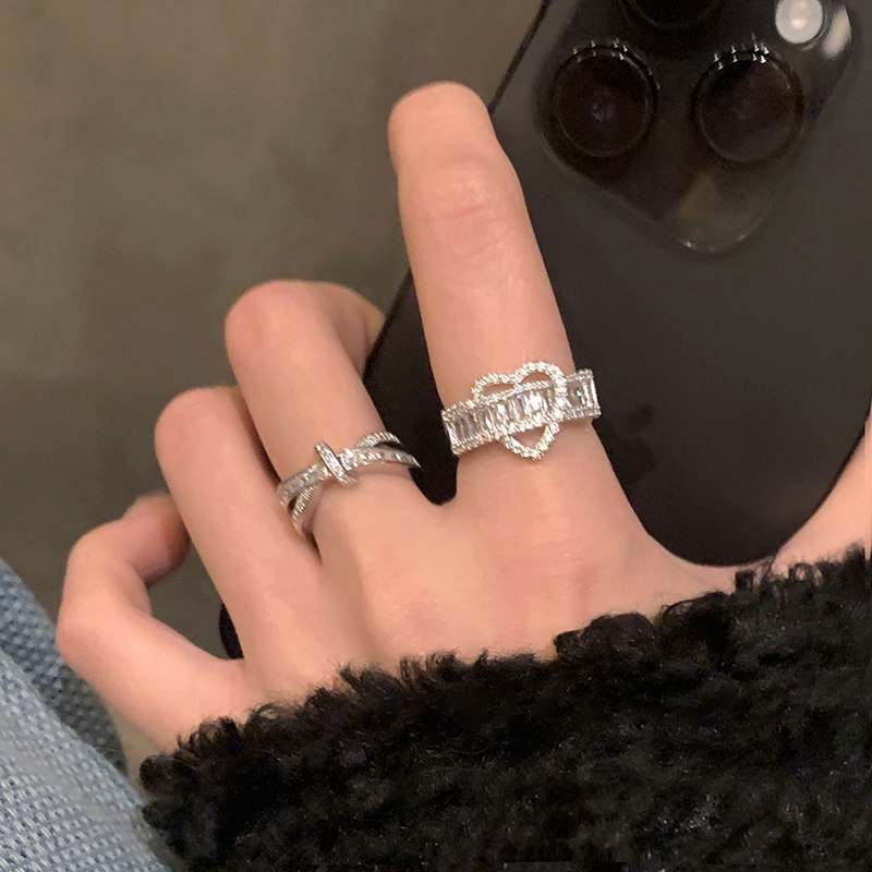 Ay (CN) Cincin Perak Kupu-Kupu Hati Fashion Kristal Single Double Layer Rings Untuk Aksesoris Perhiasan Wanita