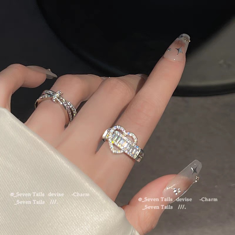 Ay (CN) Cincin Perak Kupu-Kupu Hati Fashion Kristal Single Double Layer Rings Untuk Aksesoris Perhiasan Wanita