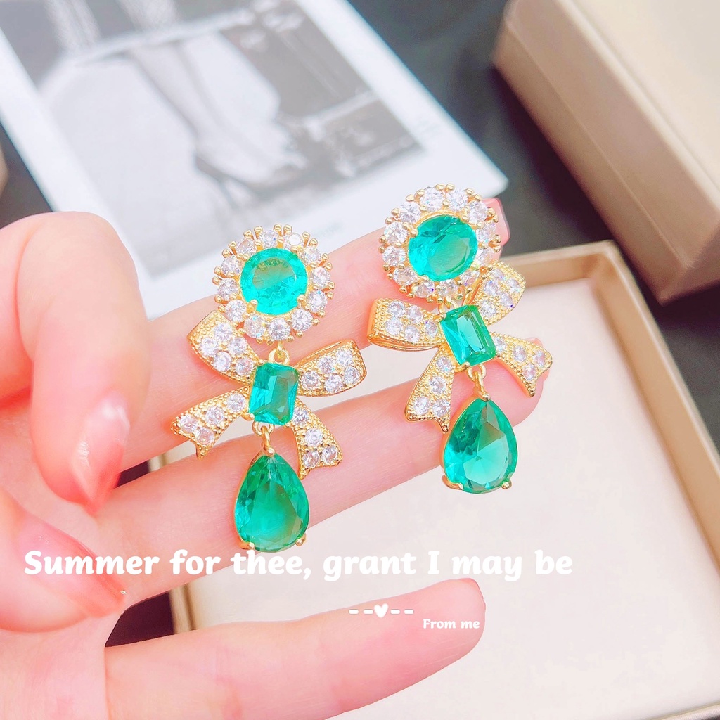 Goldkingdom Aksesoris Perhiasan Fashion Ready Stock Berlian Hijau Busur Tembus Kristal Stud Anting Vintage Tiga Dimensi Berlian Hijau Besar