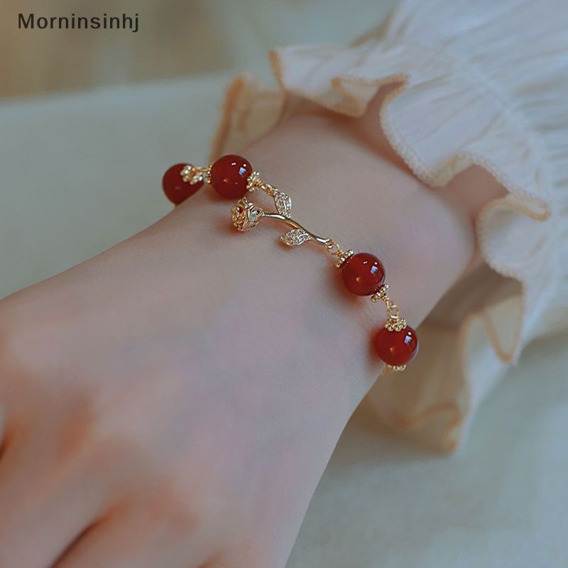 Mornin Golden Rose Natural Red Agate Round Beads Adjustable Gelang Wanita Ornamen Gaya Lembut Perhiasan Halus Hadiah id