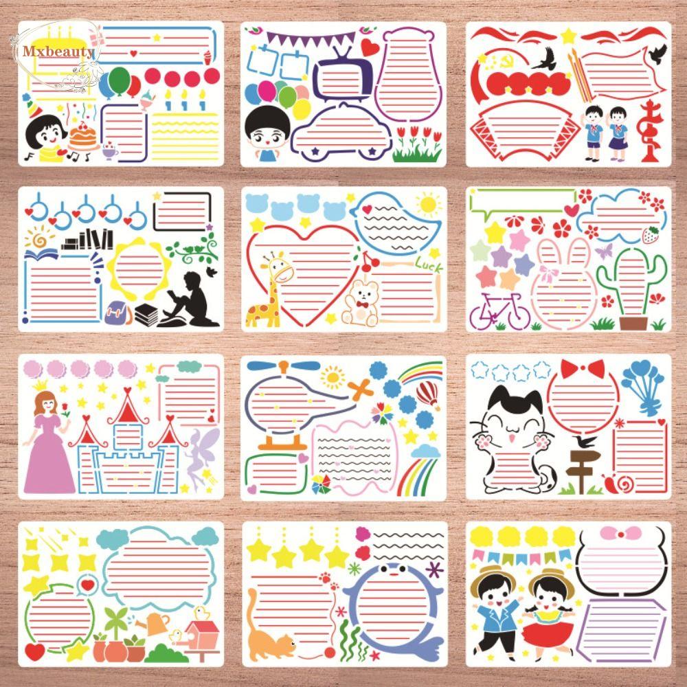 Mxbeauty Stensil Koran Papan Hitam 12 Pcs/Set Stensil Gambar Scrapbooking Berlubang Siswa Dicat Tangan