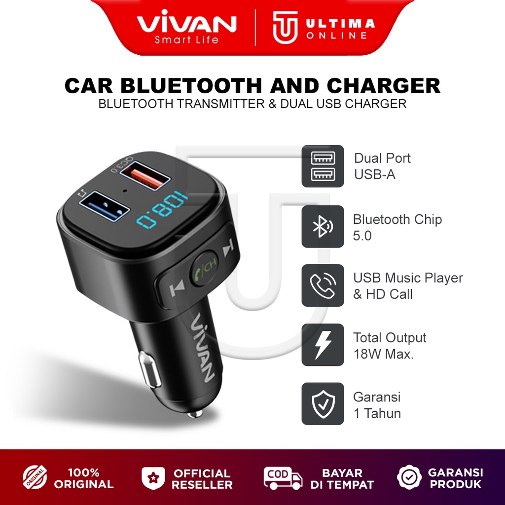 VIVAN Car Charger Mobil Dual Port 18W VBT01 Bluetooth MP3 Call 3in1