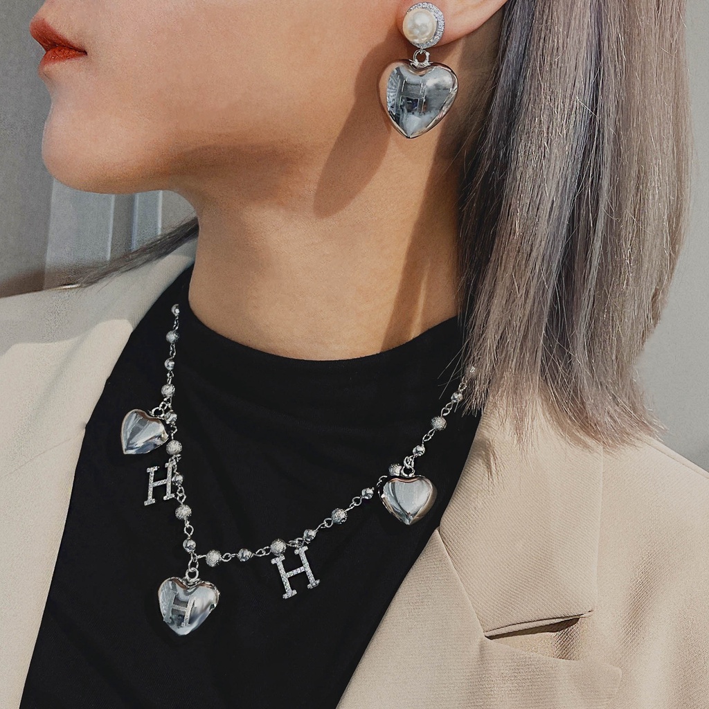 Goldkingdom Aksesoris Perhiasan Fashion Ready Stock Huruf H Kalung Anting Hati Klavikula Anting Mutiara
