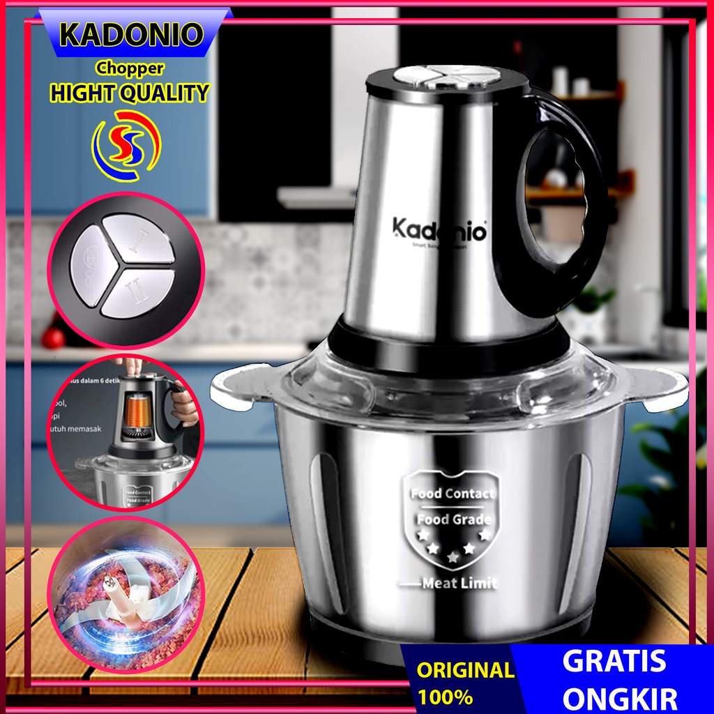 KADONIO Blender Daging Chopper Stainless 2L Penggiling Daging Multifungsi Meat Grinder 3 Tombol Yada KL-FB02