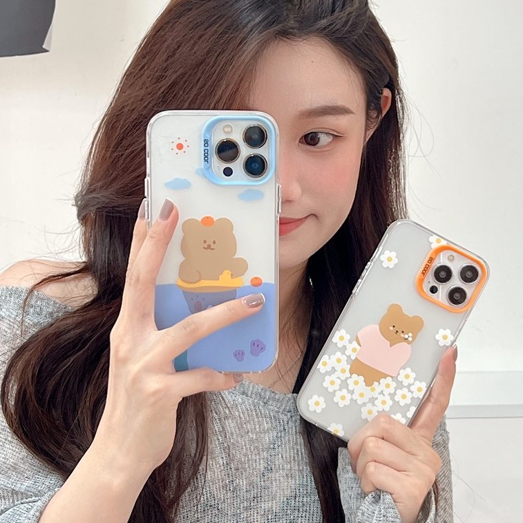 Lovely Swim Flower Bear Skin Feel Soft Case HP iP iPhone 12 13 14 Pro Max 11 Girl Woman FTD Casing Apple