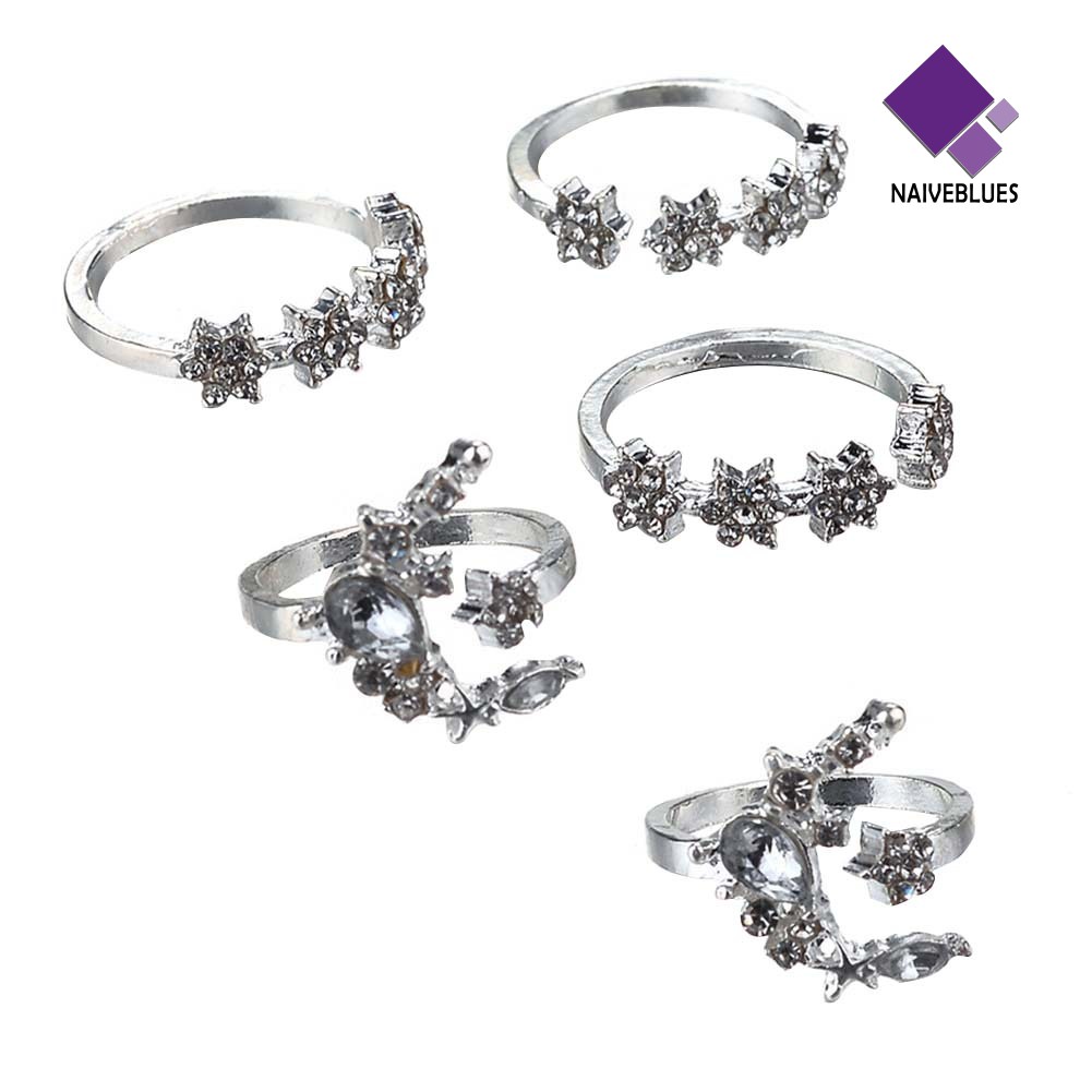 &lt; Naiveblues &gt; 5Pcs/Set Fashion Wanita Berlian Imitasi Hias Bulan Bintang Bunga Cincin Susun