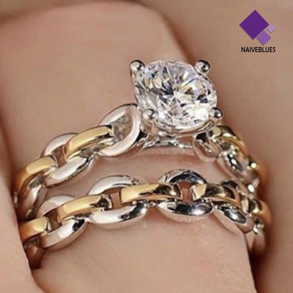 &lt; Naiveblues &gt; 2Pcs/Set Rantai Permukaan Halus Pernikahan Band Alloy Two-tone Berlian Imitasi Rings Charm