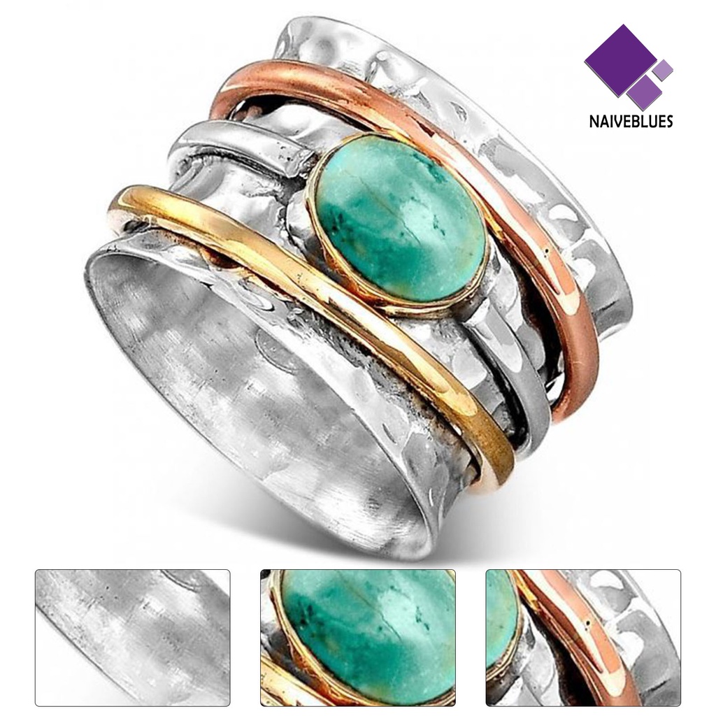 &lt; Naiveblues &gt; Cincin Pria Bohemian Vintage Hias Turquoises Jari Tiga Warna Untuk Pacaran