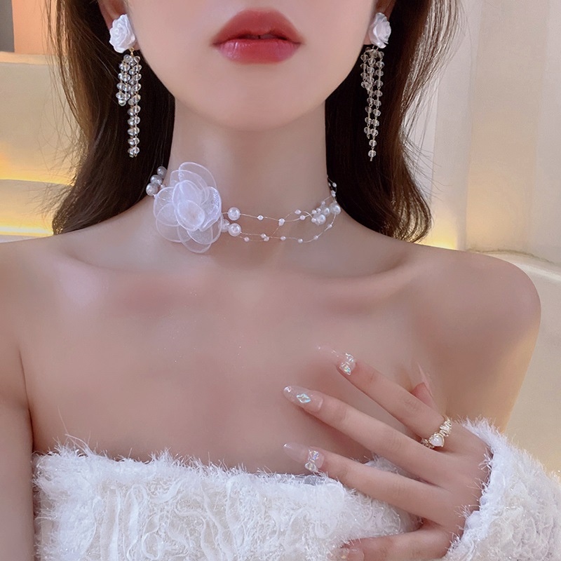 Ahellogirl Bahasa Perancis Romantis Elegan Bunga Mutiara Kalung Wanita Benang Bunga Klavikula Rantai Anting Set Aksesoris Kristal Trendi